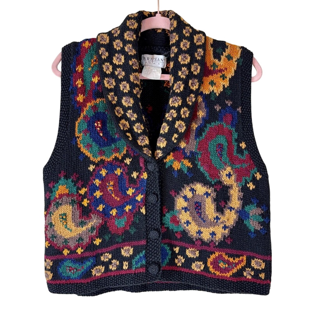 Artisan Wear Knit Vest‎ Women's Medium Black Paisley Leopard Print Unique Heavy